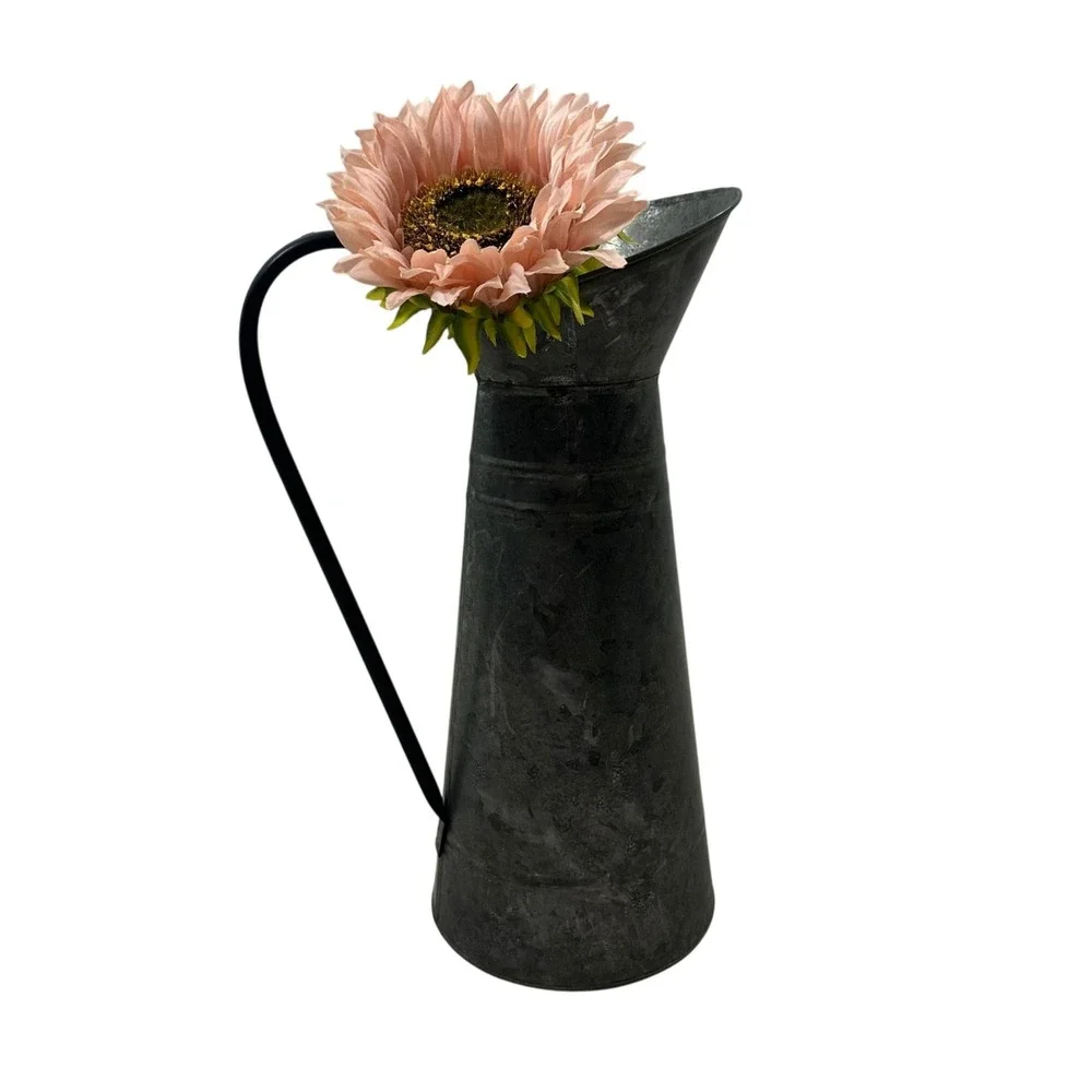 Rustic Galvanized Metal Pitcher Vase Dark Grey Farmhouse Decorative Jug 16.5in